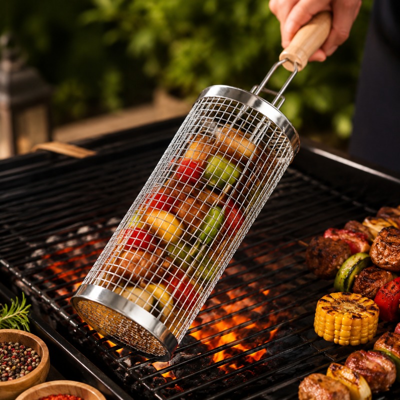 Outdoor Camping Cooking Set - Round Barbecue Grill Basket Set Stainless